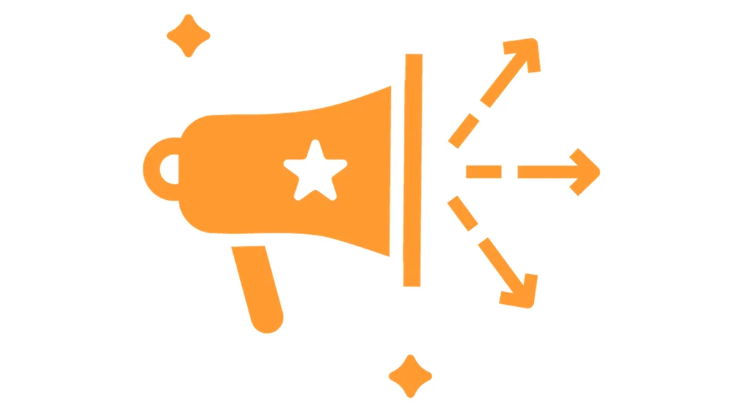 A orange megaphone with sound coming out of and sparkles around it