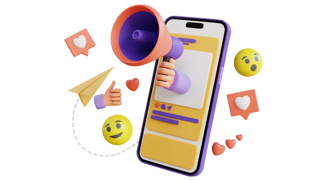 A hand holding a megaphone coming out of an Instagram post on a smart phone with floating reaction emojis