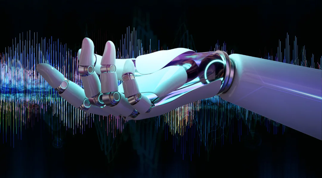 A robot hand in front of audio waves