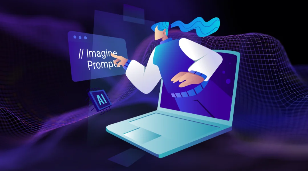 A woman popping out of a laptop screen, tapping on a written prompt.