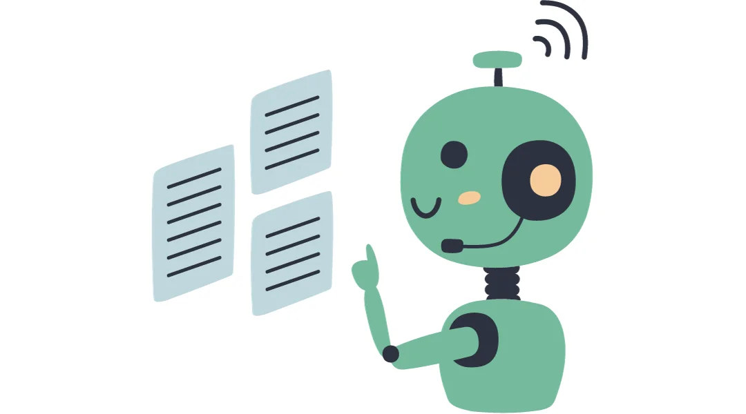A cute robot learning from pages on a wall while retrieving a signal from his antenna.
