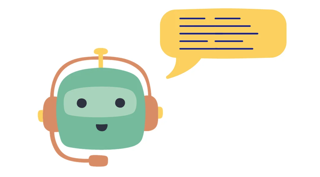 A cute robot with a headset on speaking lines of sentences.