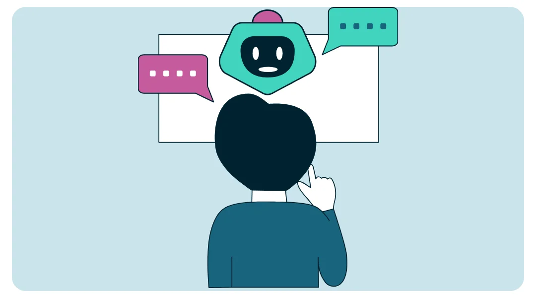 A person pointing at a screen with a robot chatting