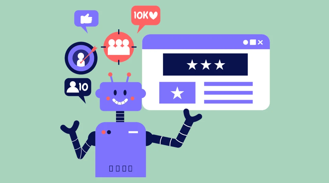A cute robot with social media symbols popping above its head