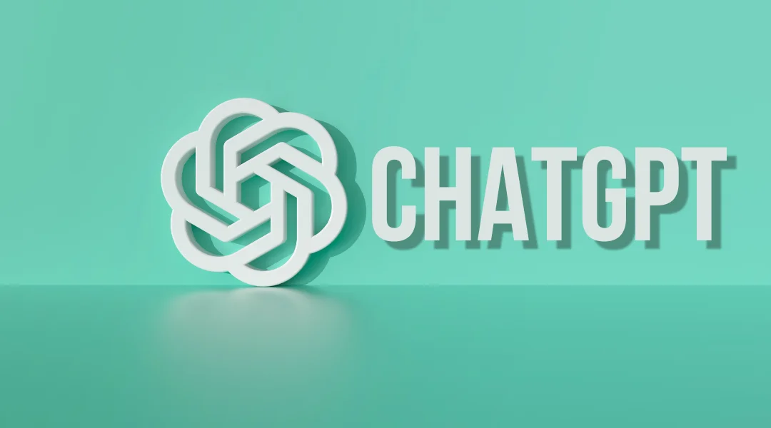 ChatGPT floral white logo next to all capitalized letters that say ChatGPT in front of a mint green background