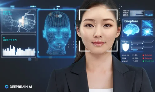 a professional woman’s face being digitally mapped with live deepfake indicators popping up