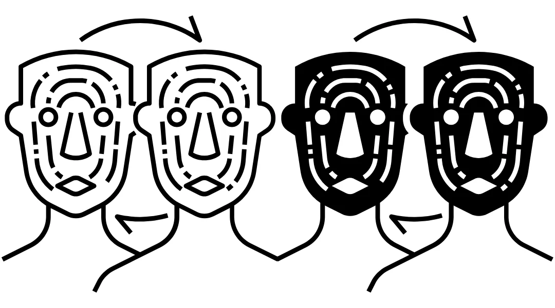 2 sets of faces being digitally mapped and then a arrow circling their heads to indicate they are being replaced
