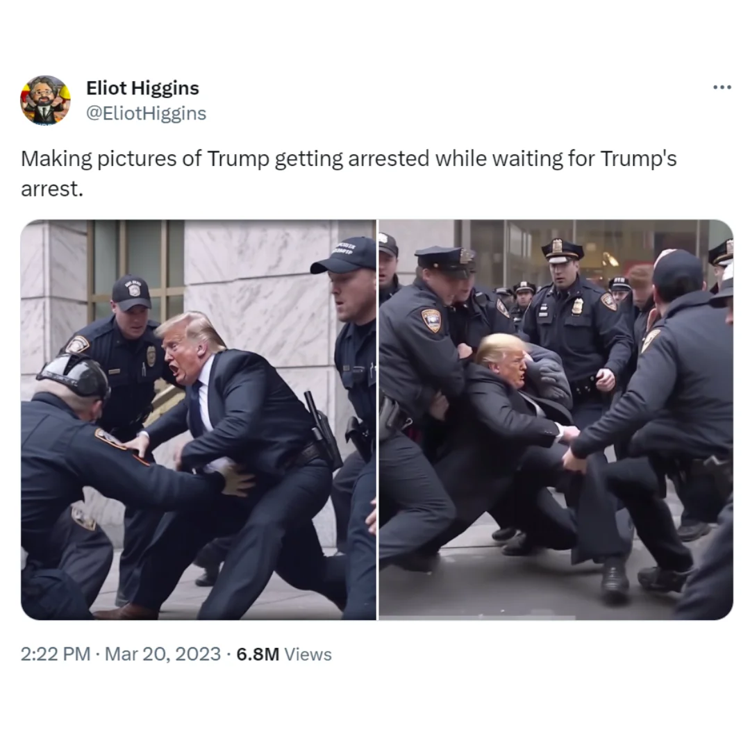 Screenshot of a tweet by Eliot Higgins of Donald Trump being arrested forcefully in front of building using generative ai