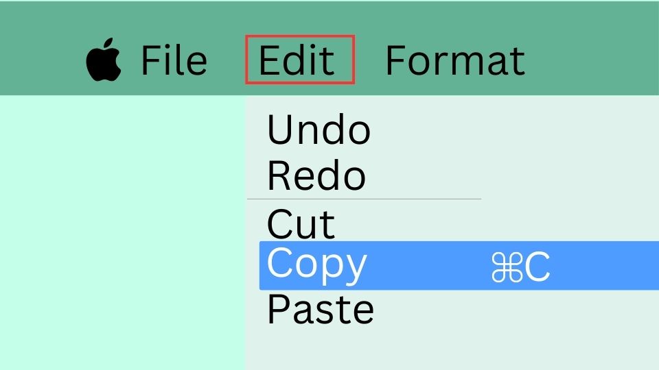 The Menu Bar from a mac with Edit and Copy highlighted. 