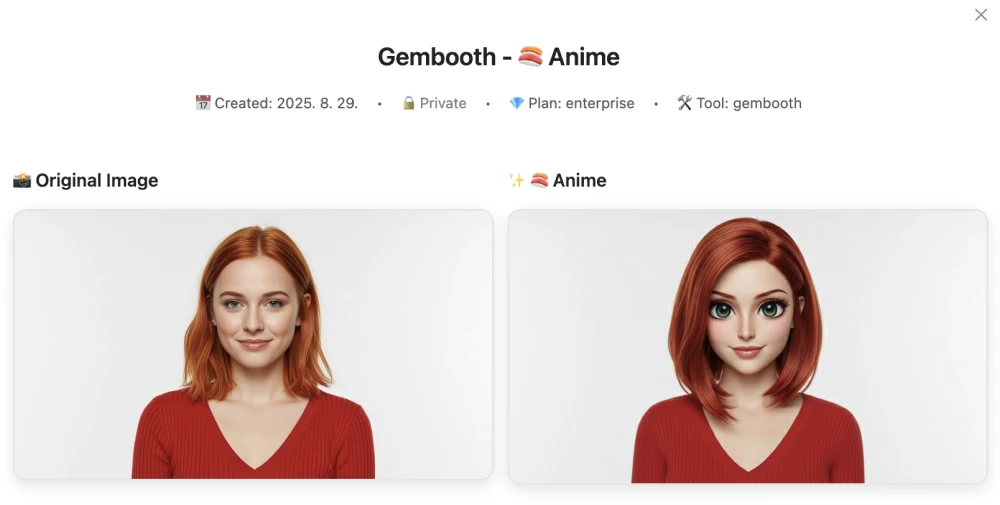 AI Studios Gembooth tool transforming an original photo of a woman into an anime-style character while preserving her facial identity