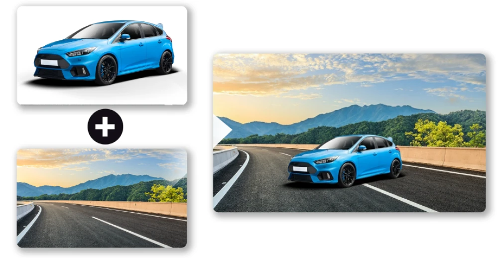 AI Studios Home-Canvas tool placing a blue car onto a mountain road background, creating a seamless composite image