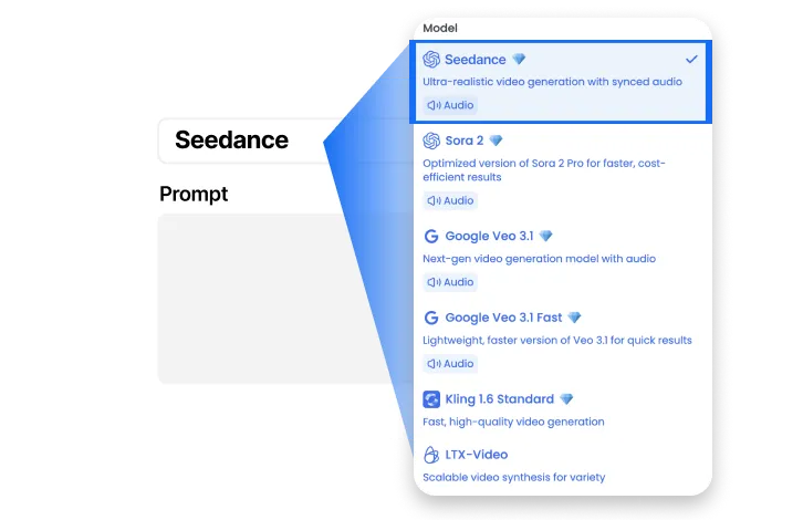 AI Studios 모델 선택창에서 Seedance 2.0 선택