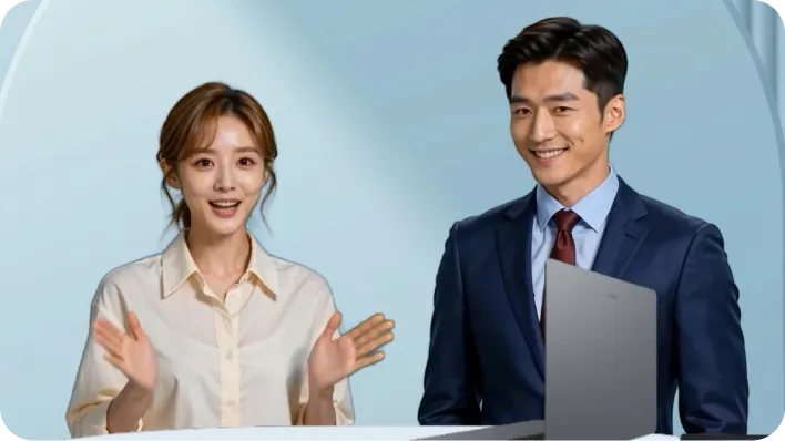 AI 스튜디오 듀얼 AI 아나운서 — 남녀 AI 아나운서 2명이 동시에 화면에 등장해 실제 방송 데스크처럼 자연스러운 공동 진행