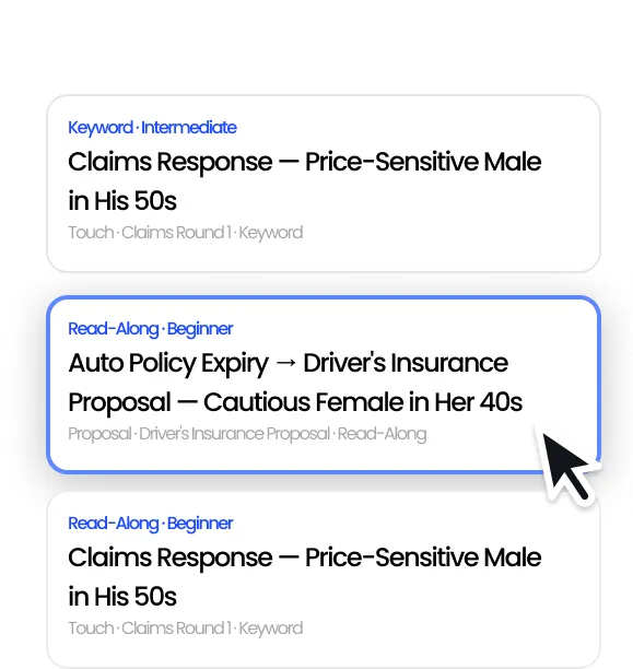 AI Studios scenario selection screen with insurance roleplay scripts by persona and difficulty