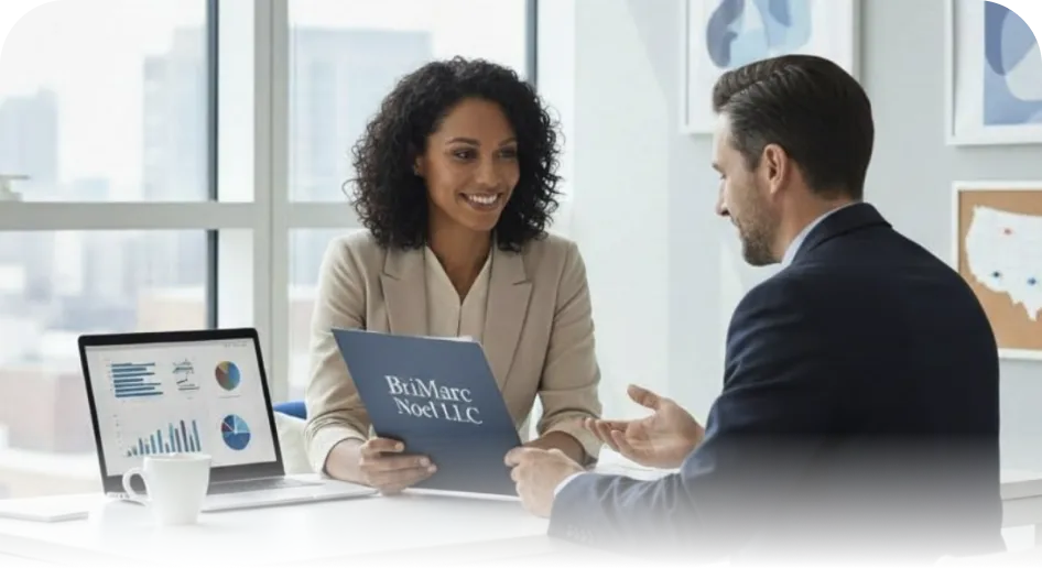 Insurance agent reviewing policy renewal with customer in office meeting