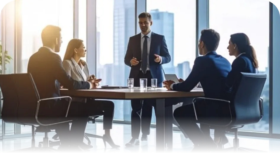 Enterprise sales team discussing deal strategy in conference room
