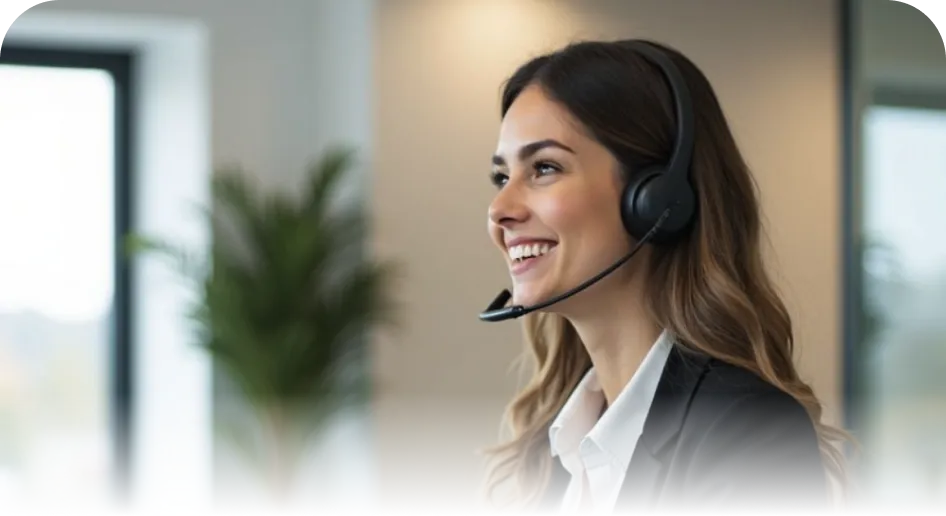 Customer service representative wearing headset assisting caller
