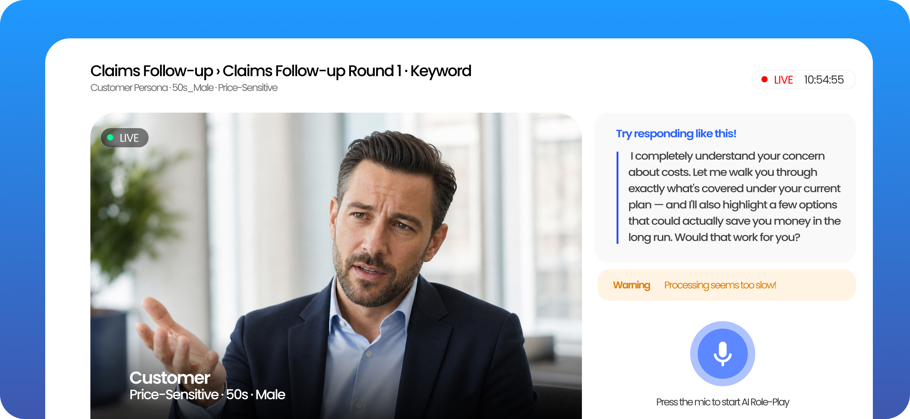 AI Studios sales roleplay training interface showing live AI avatar customer persona and real-time coaching suggestions for insurance sales reps