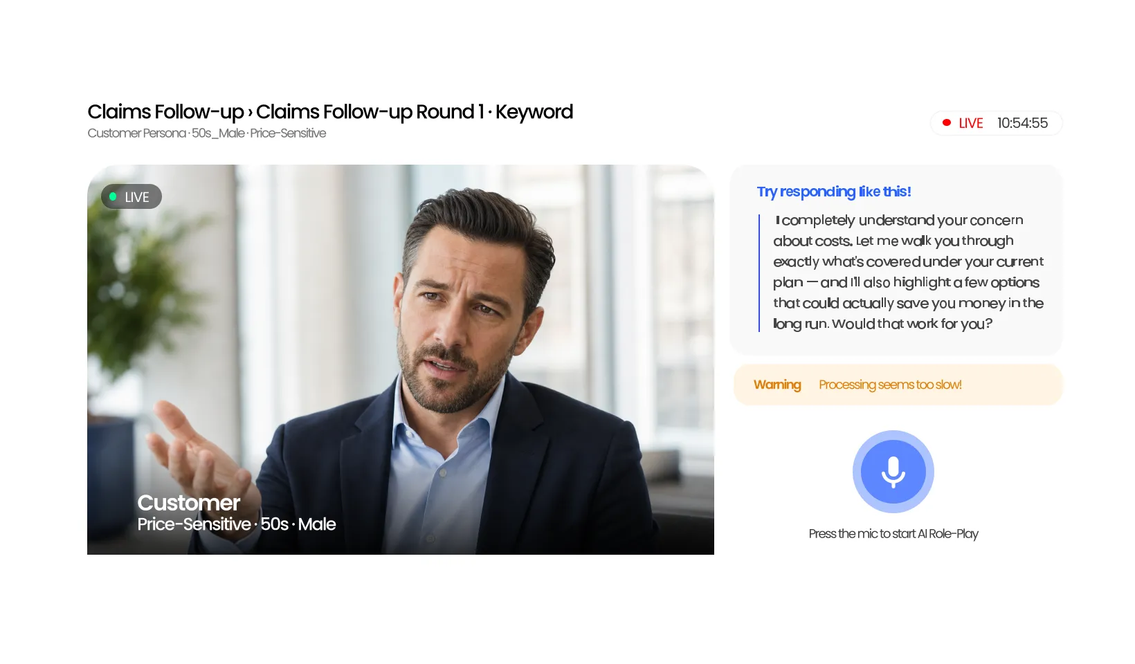 Insurance sales roleplay training session with customer persona and live response coaching