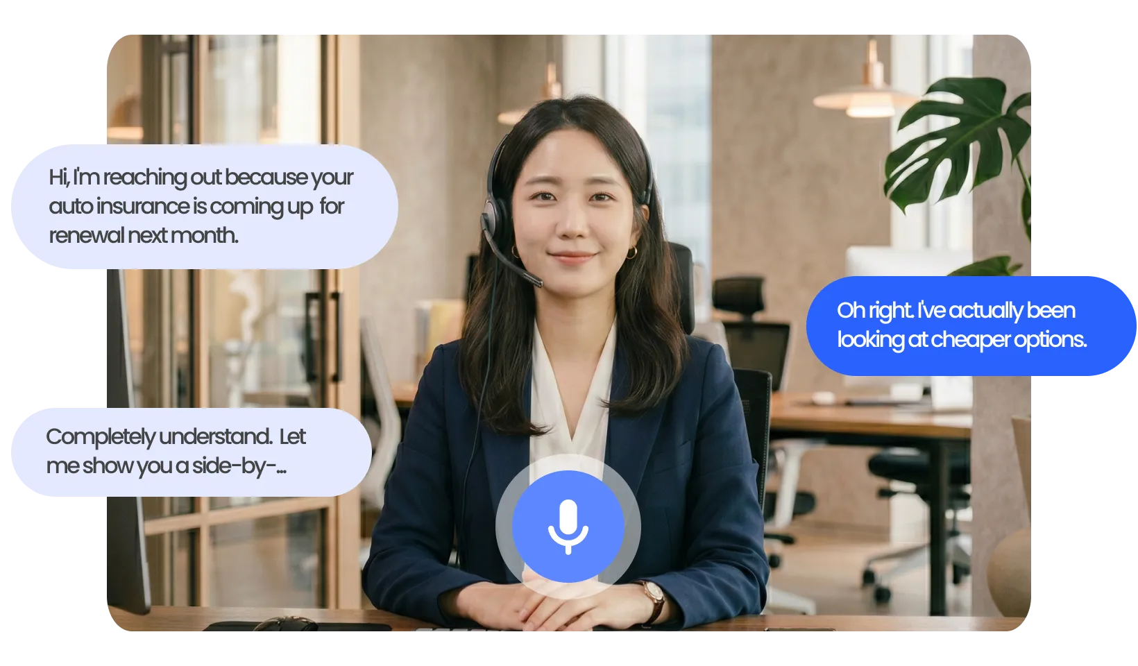 DeepBrain AI insurance agent avatar consulting customer on policy renewal and pricing options