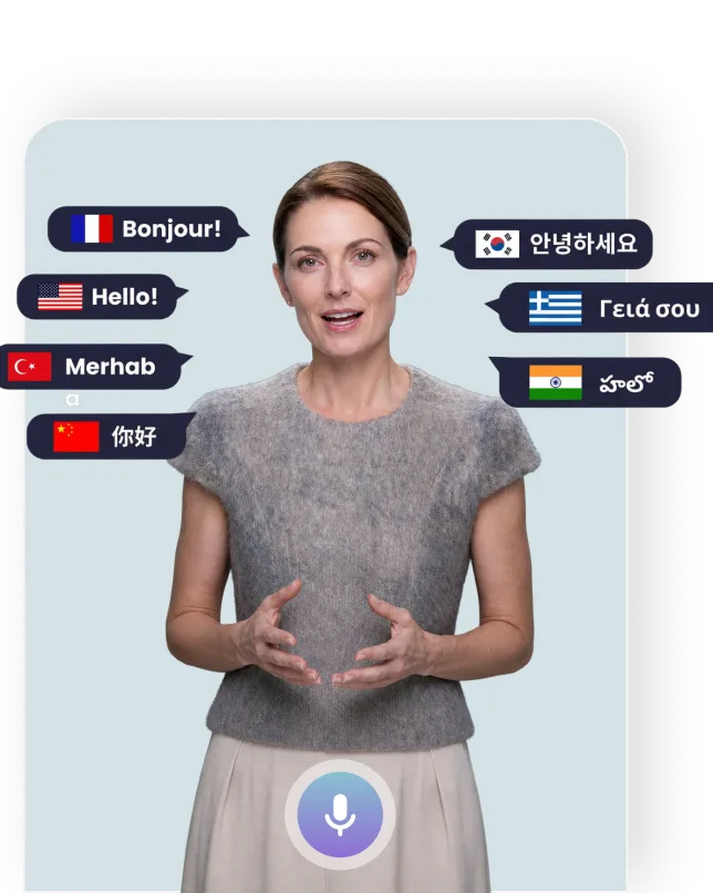 AI insurance agent speaking multiple languages with country flag icons