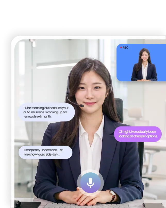 Custom AI avatar cloned from real insurance agent's face and voice for customer chat