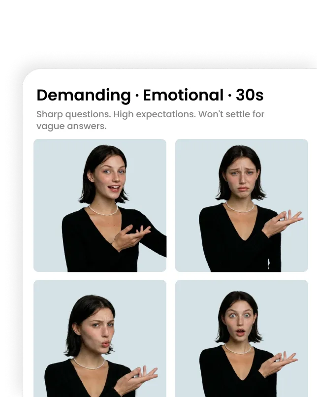 AI roleplay customer persona avatars with demanding, emotional personality traits