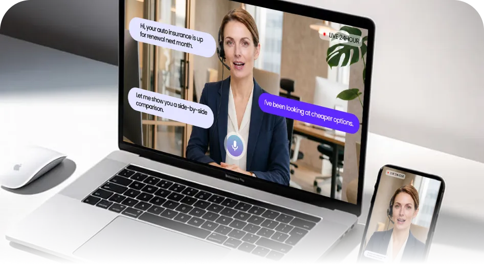 AI insurance agent embedded on website and app screens for 24/7 consultation