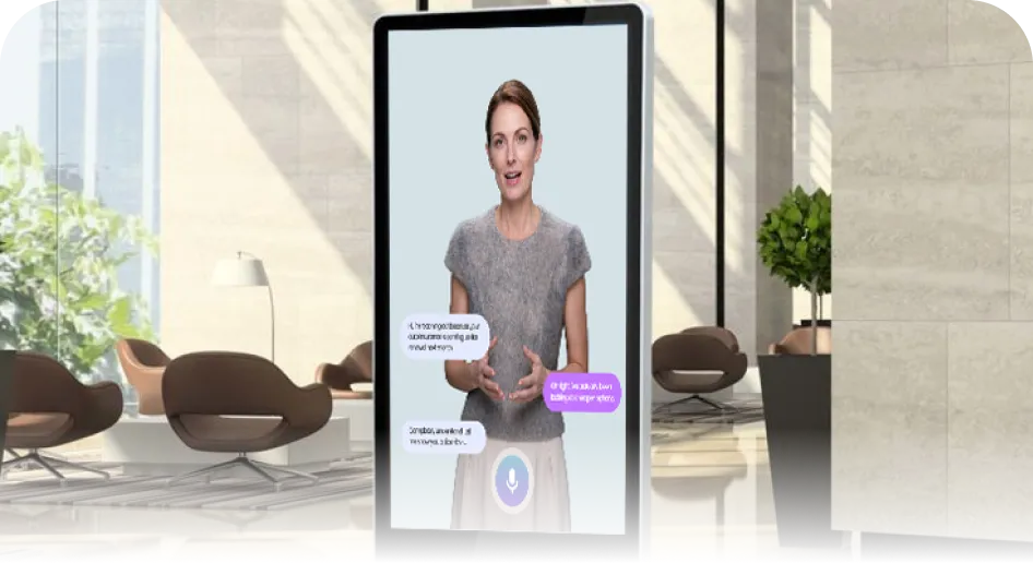 AI insurance agent avatar displayed on kiosk screen at branch office