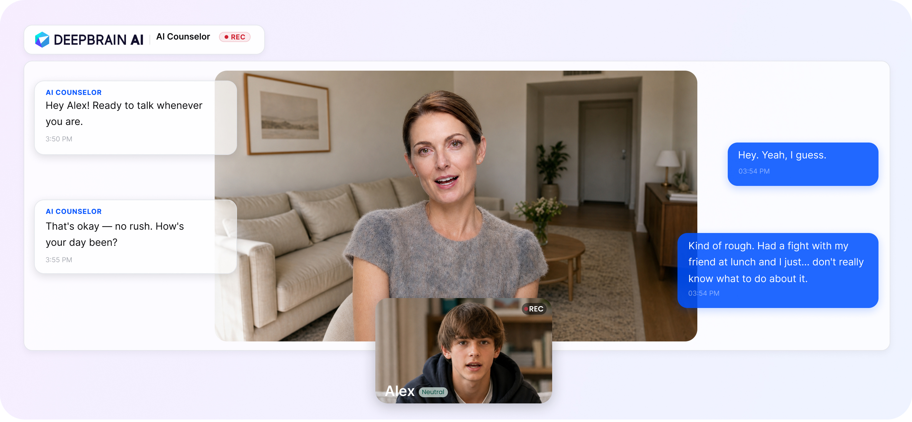 Trò chuyện video với chuyên gia tư vấn AI cùng học sinh, sinh viên, thể hiện cuộc trò chuyện hỗ trợ sức khỏe tâm thần theo thời gian thực