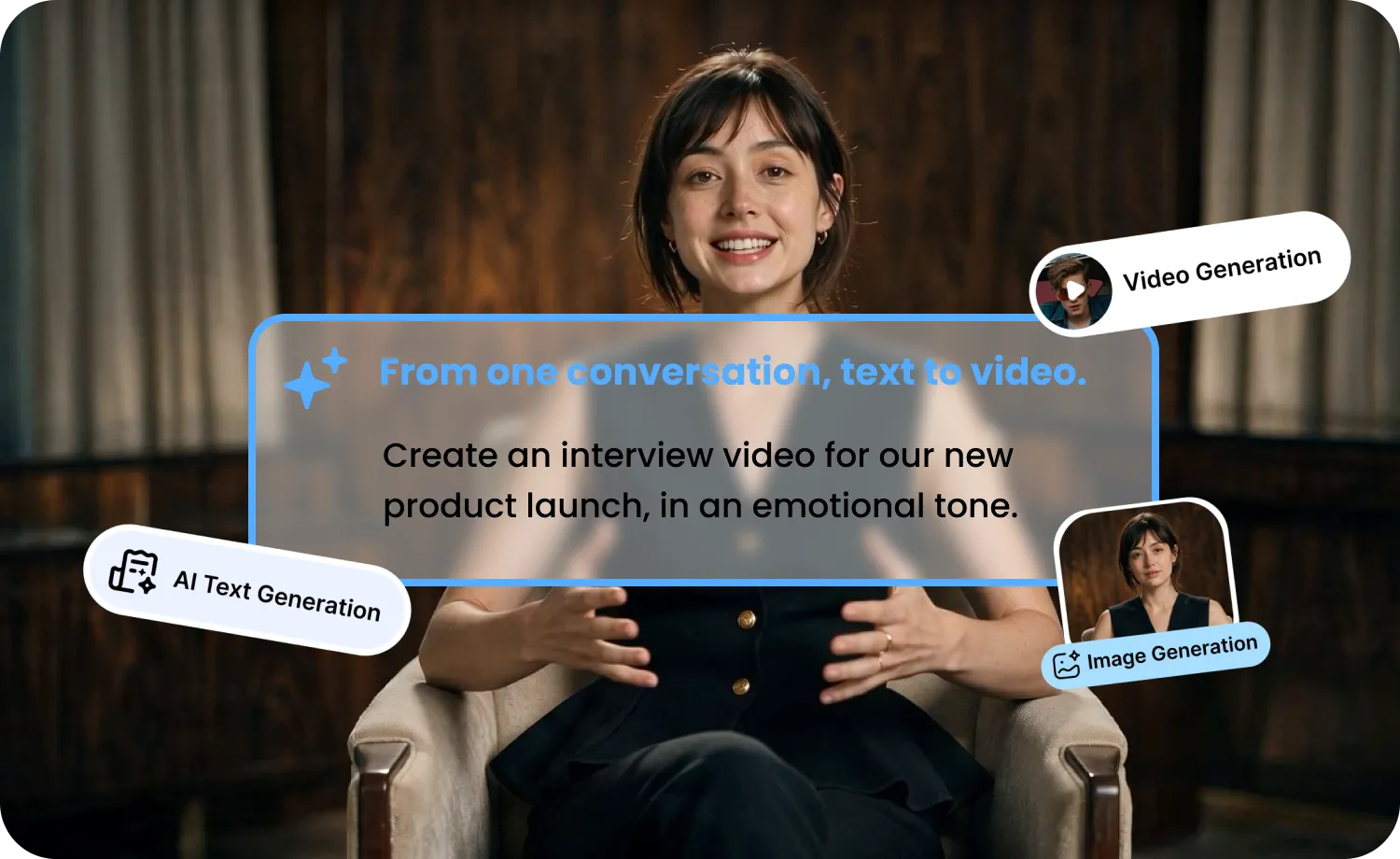 Conversational Editing feature: an AI avatar presenter with chat prompts for AI text generation, video generation, and image generation