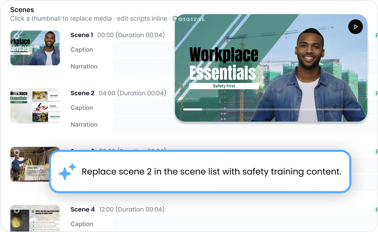 Seamless Workflow feature: editing a "Workplace Essentials" training video's scene list directly through chat