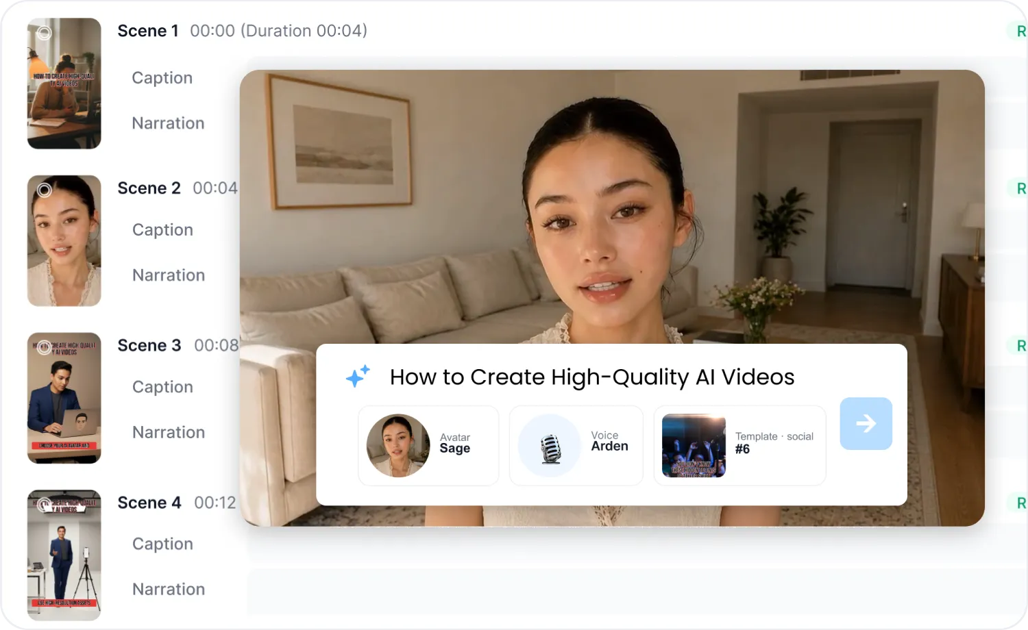AI Video Agent generating a scene-by-scene video outline with captions and narration for "How to Create High-Quality AI Videos"