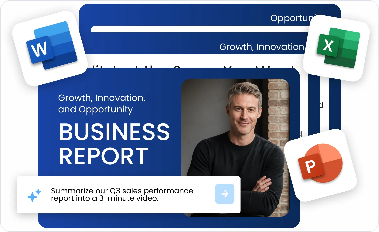 Flexible Input feature: turning a Word, Excel, or PowerPoint business report into a video with the prompt "Summarize our Q3 sales performance report into a 3-minute video"