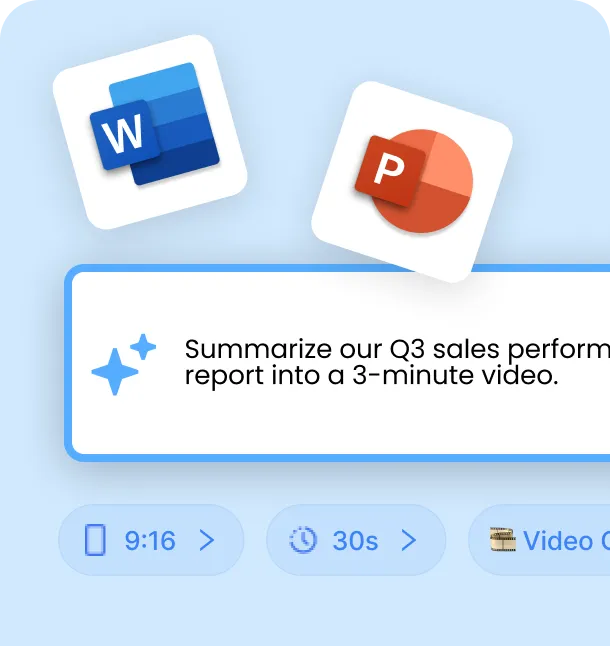 Step 1: Input — pasting a document into the agent with format (9:16), duration (30s), and video type options