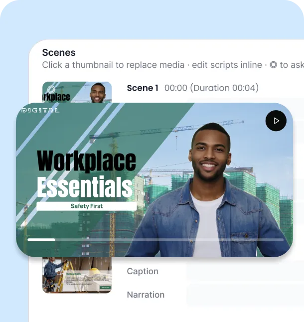 Step 4: Export — the finished "Workplace Essentials" video ready for download