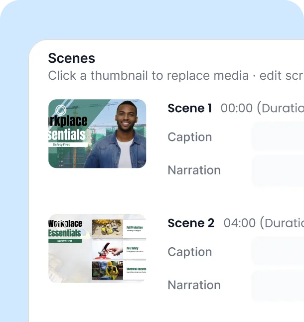 Step 2: Review the outline — a generated scene list for a "Workplace Essentials" training video