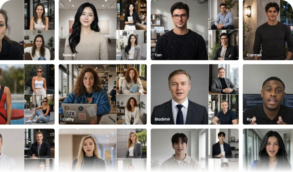 Grid of diverse AI avatar presenters available in AI Studios, each labeled by name