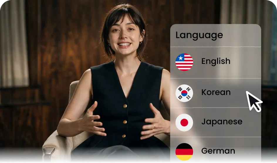AI avatar video with a language selection menu showing English, Korean, Japanese, and German
