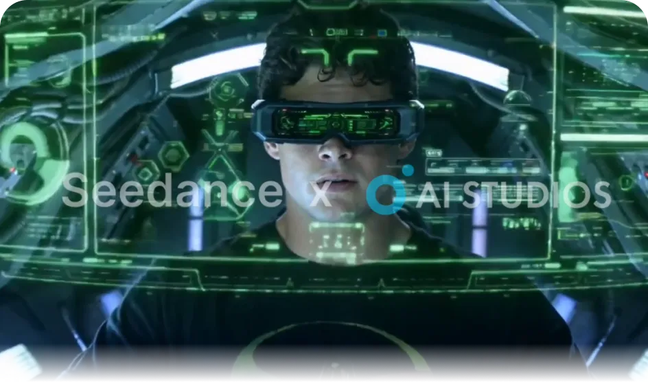 Seedance x AI Studios video generation model, showing a sci-fi pilot scene generated from text