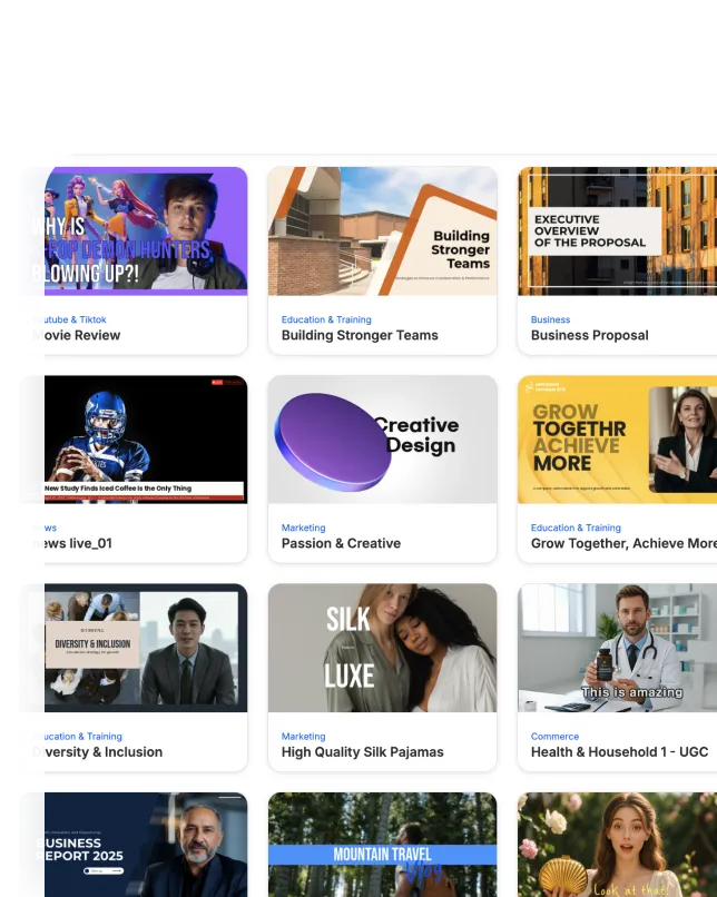 Gallery of ready-made video templates for training, marketing, and business use cases