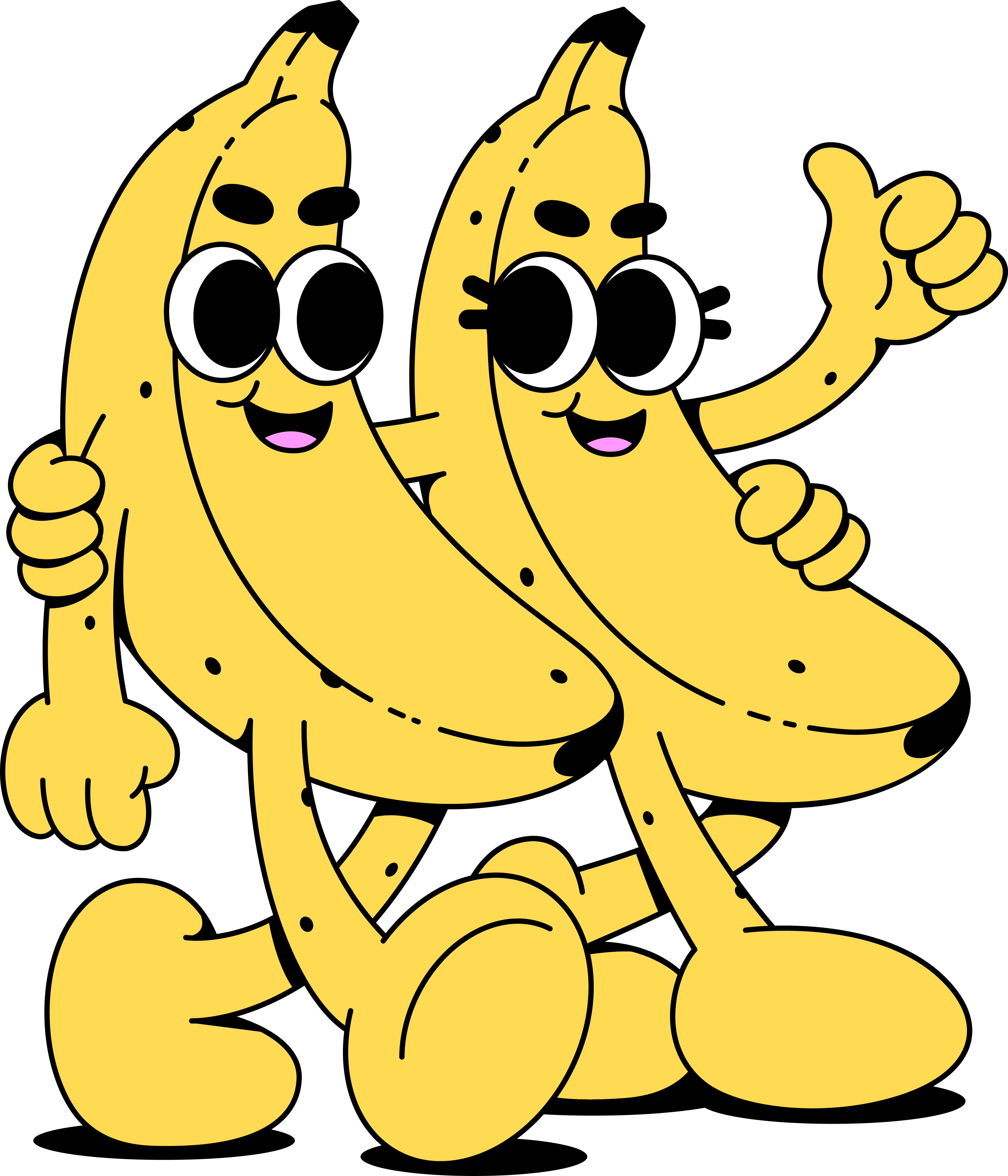 Two cartoon bananas with big eyes smiling, one giving a thumbs up and the other hugging it.