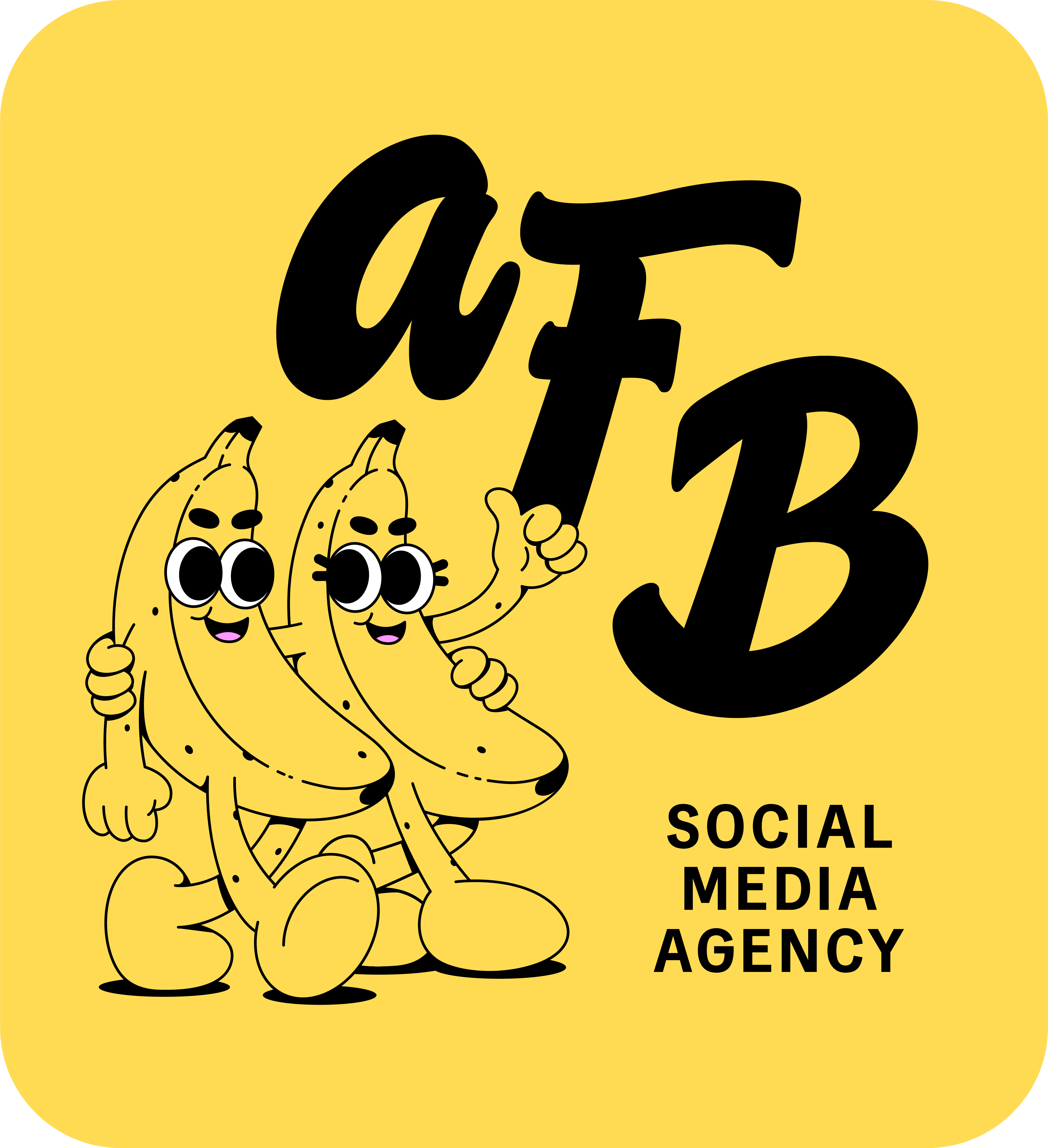 Logo with two cartoon bananas smiling and giving thumbs up next to stylized 'aFB' letters and text 'Social Media Agency' on a yellow background.