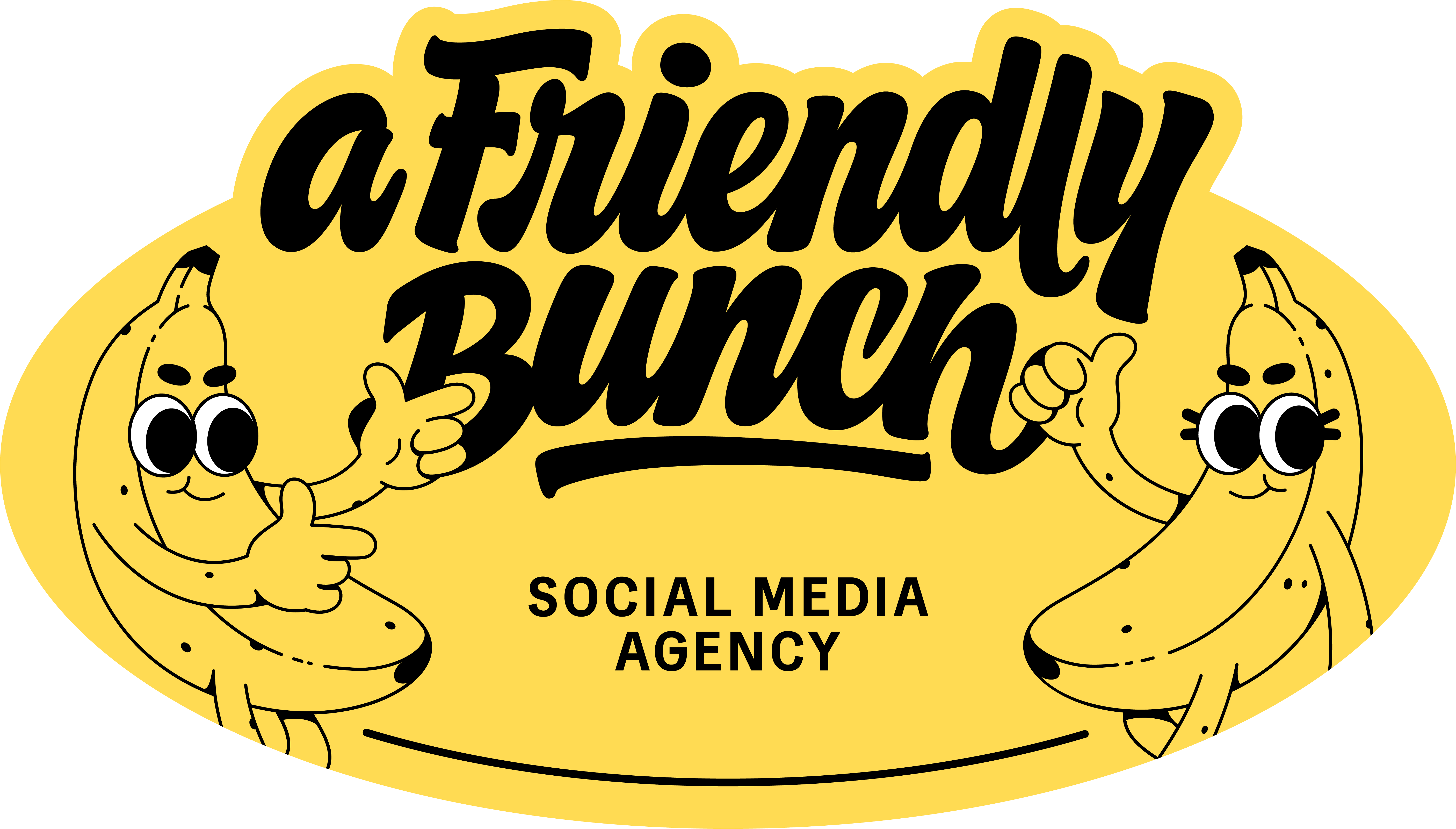 Logo of 'a Friendly Bunch Social Media Agency' with two cartoon bananas giving thumbs up on a yellow oval background.