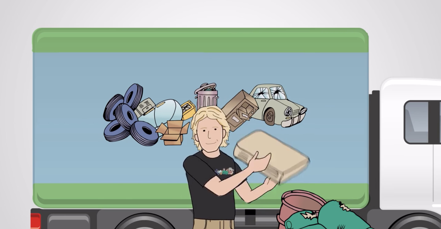 Comic how Geelong Rubbish Removal Service works, loading junk into a truck