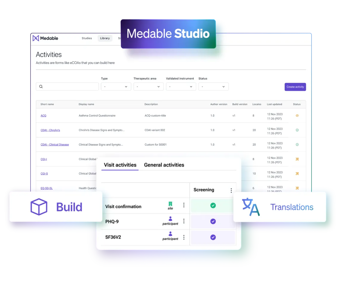 Medable Studio interface showcasing a list of clinical form activities with options to build and translate surveys and questionnaires.