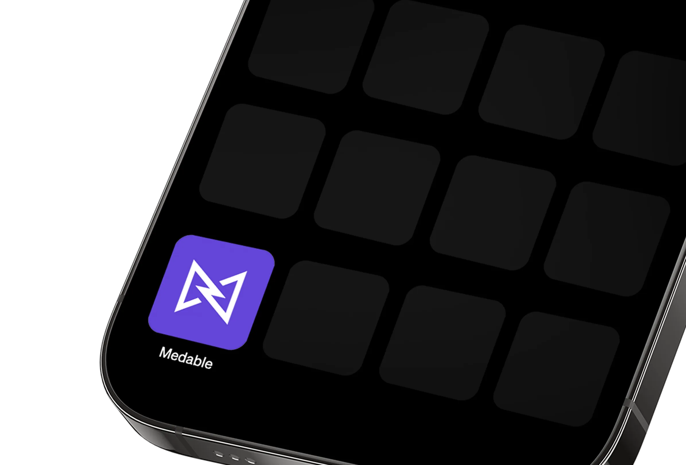 Close-up of a smartphone screen showing the Medable app icon with a purple background and a white geometric symbol.