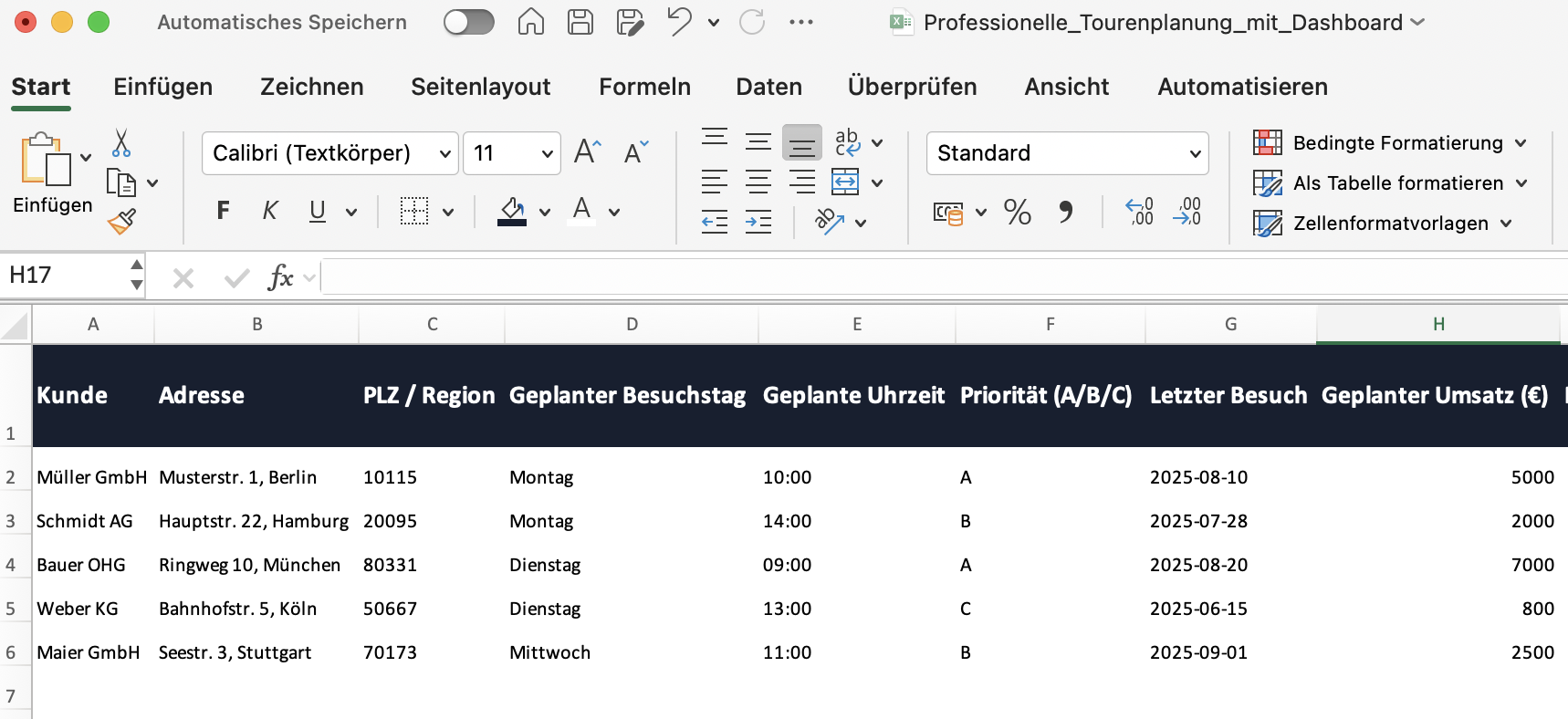 Beispiel einer Exceltabelle zur Tourenplanung