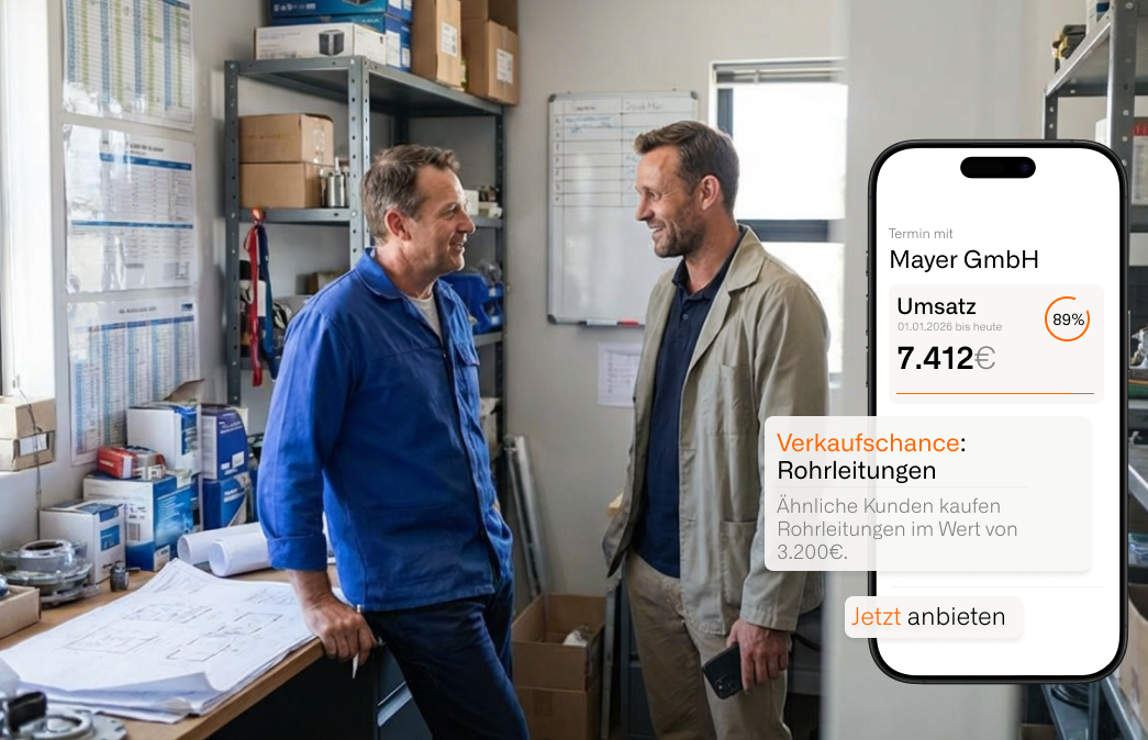 Von Keramik und Armaturen bis zu Wärmepumpen und Installationstechnik. Hilf Deinem Vertrieb, proaktiv und datenbasiert zu verkaufen – und dabei massiv Zeit zu sparen.