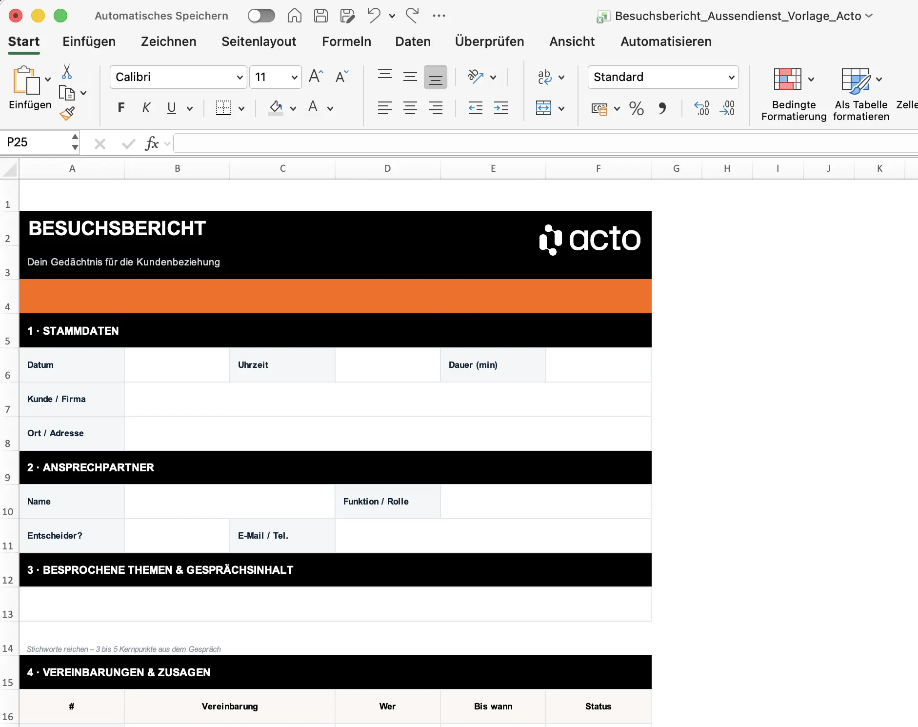 Kostenlose Besuchsbericht-Vorlage in Excel